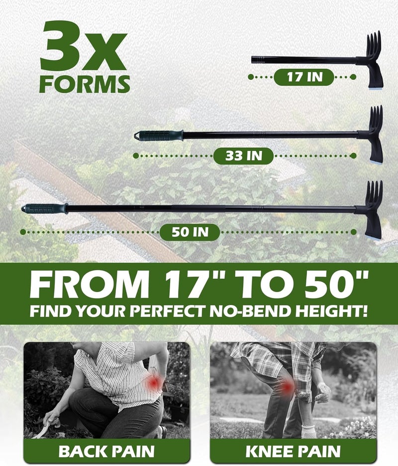 HIPULX 5-in-1 Garden Hoe - Adjustable 37" to 50" Handle, 5 Tool Heads, Heavy-Duty Weeding, Cultivating, and Raking Tool for Gardening, Camping, and Outdoor Use - Image 2